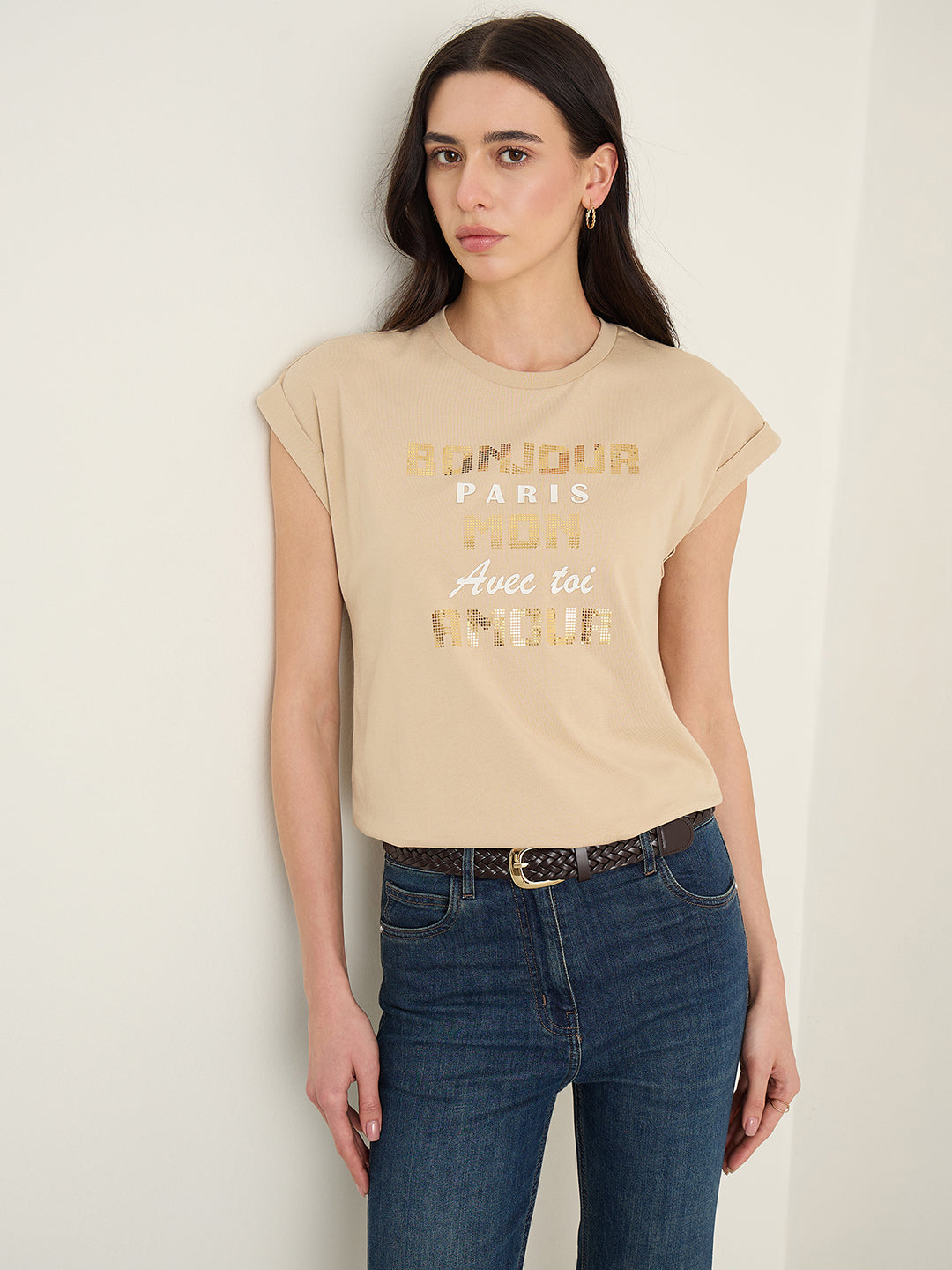 Elle Women Beige Printed Regular Fit Pure Cotton T-Shirt