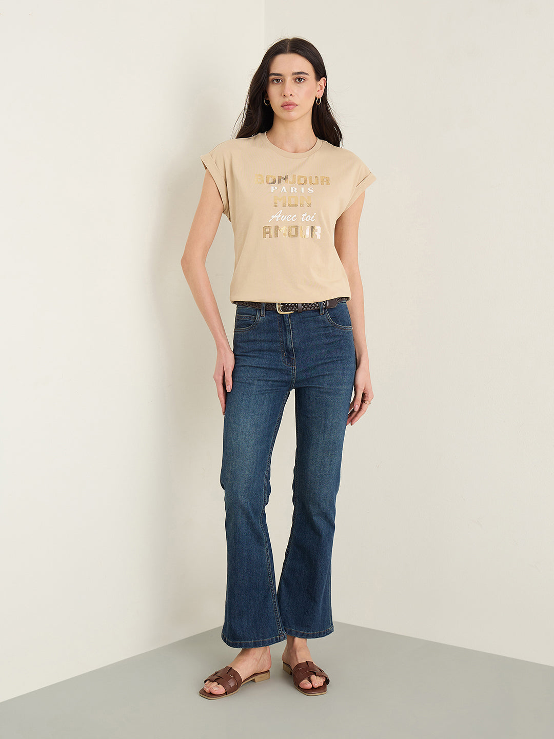 Elle Women Beige Printed Regular Fit Pure Cotton T-Shirt