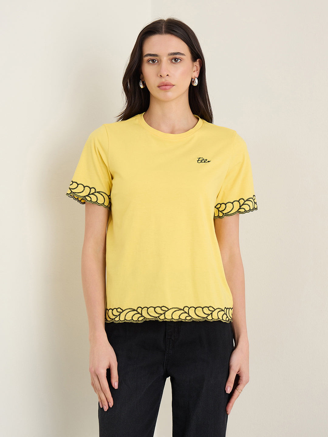 Elle Women Yellow Solid Relaxed Fit Pure Cotton T-Shirt