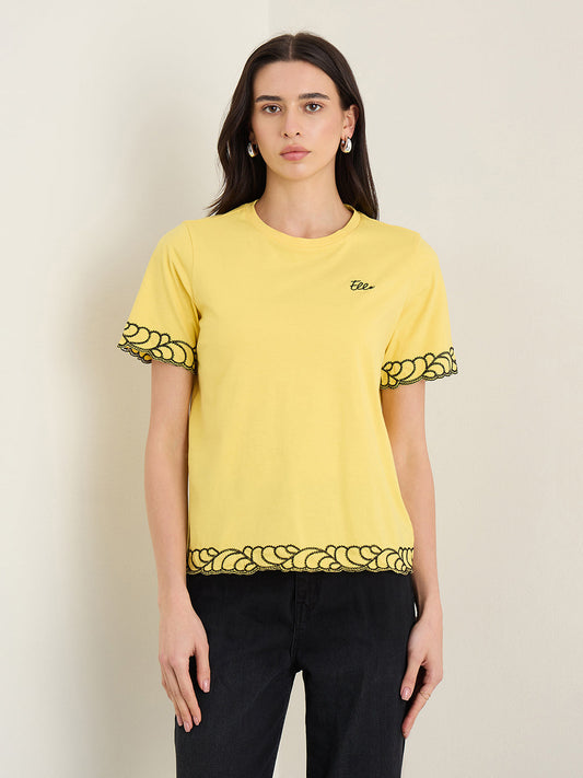 Elle Women Yellow Solid Relaxed Fit Pure Cotton T-Shirt