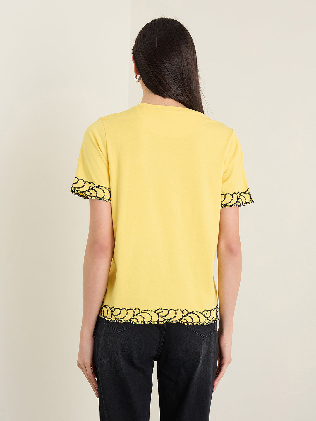 Elle Women Yellow Solid Relaxed Fit Pure Cotton T-Shirt