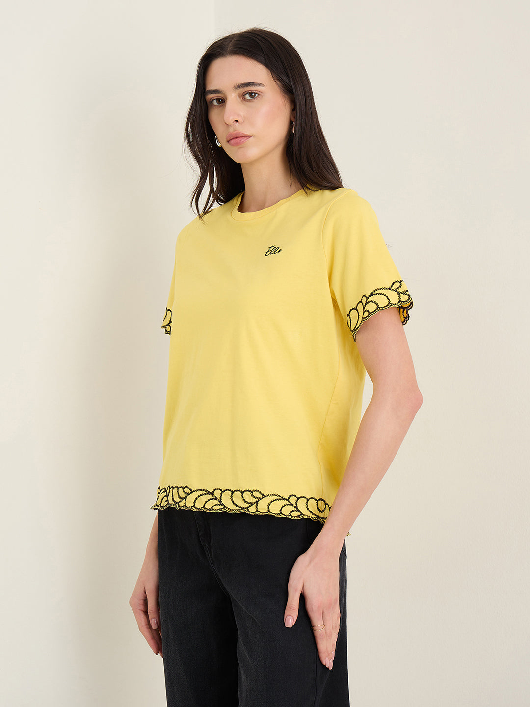 Elle Women Yellow Solid Relaxed Fit Pure Cotton T-Shirt