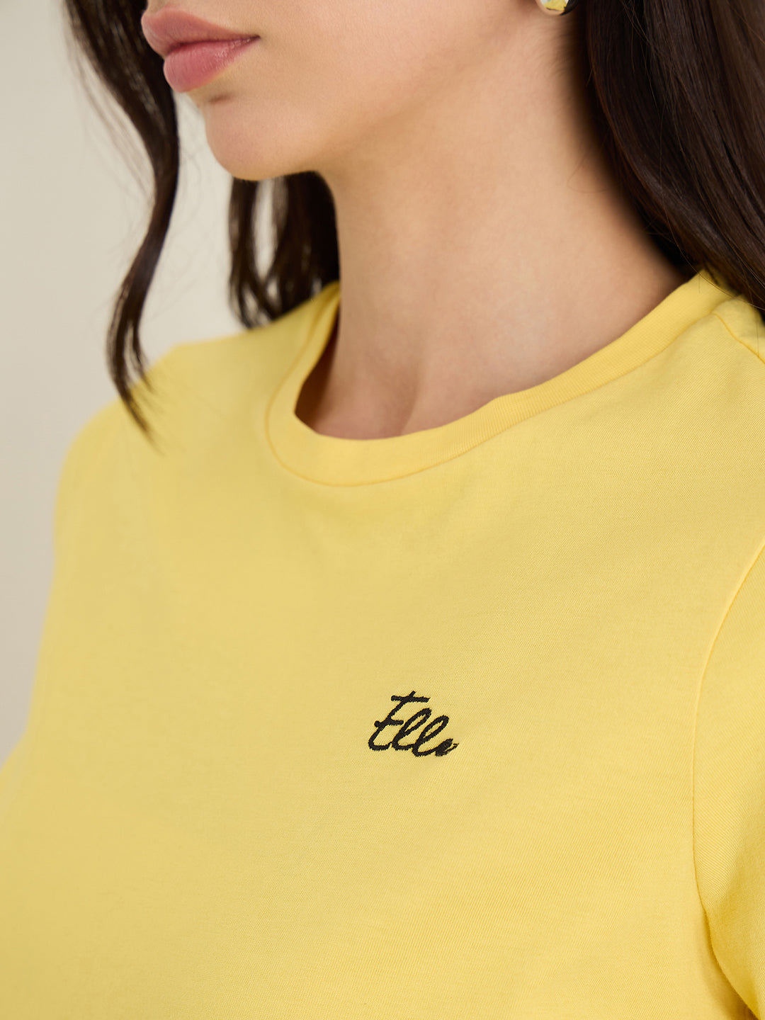 Elle Women Yellow Solid Relaxed Fit Pure Cotton T-Shirt