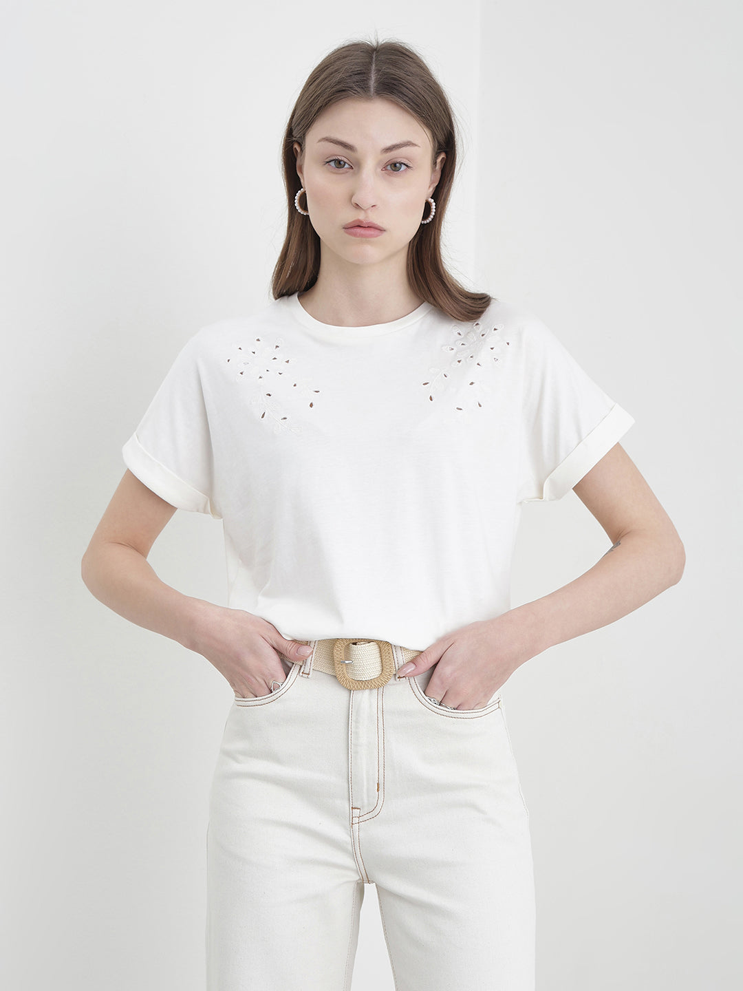 ELLE Women White Solid T-Shirt