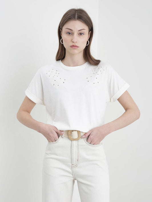 ELLE Women White Solid T-Shirt