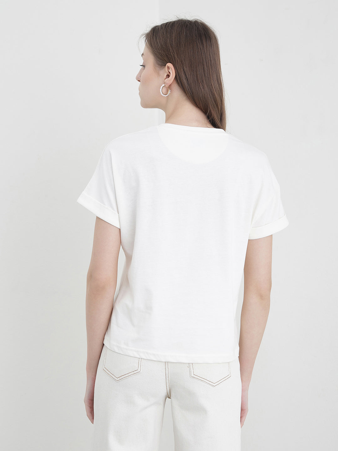 ELLE Women White Solid T-Shirt