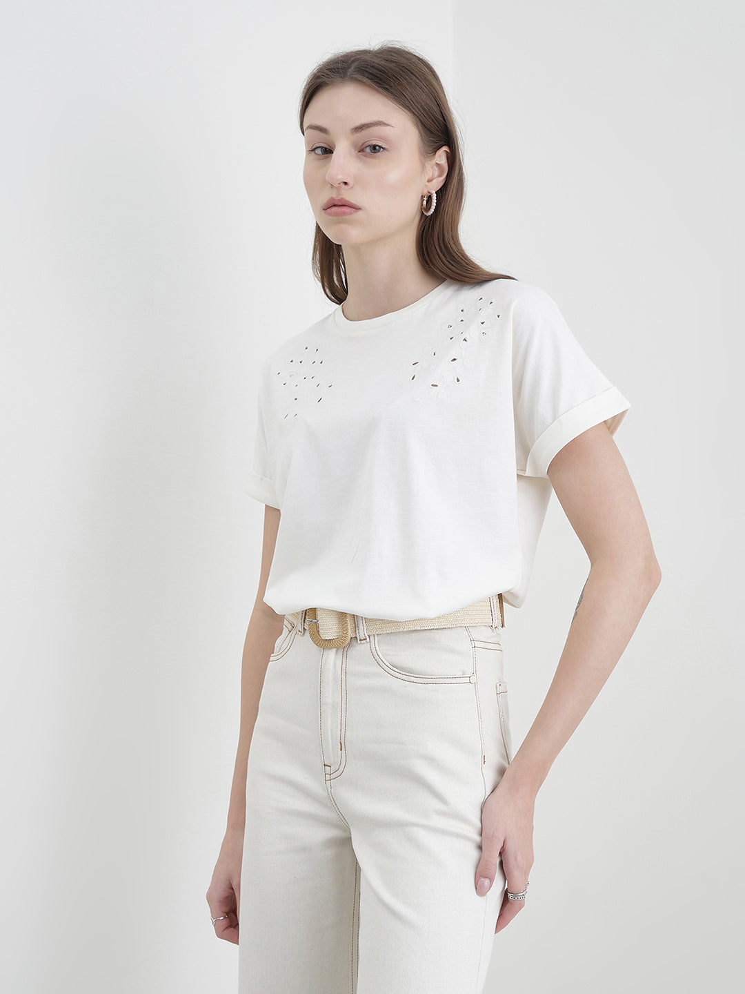 ELLE Women White Solid T-Shirt