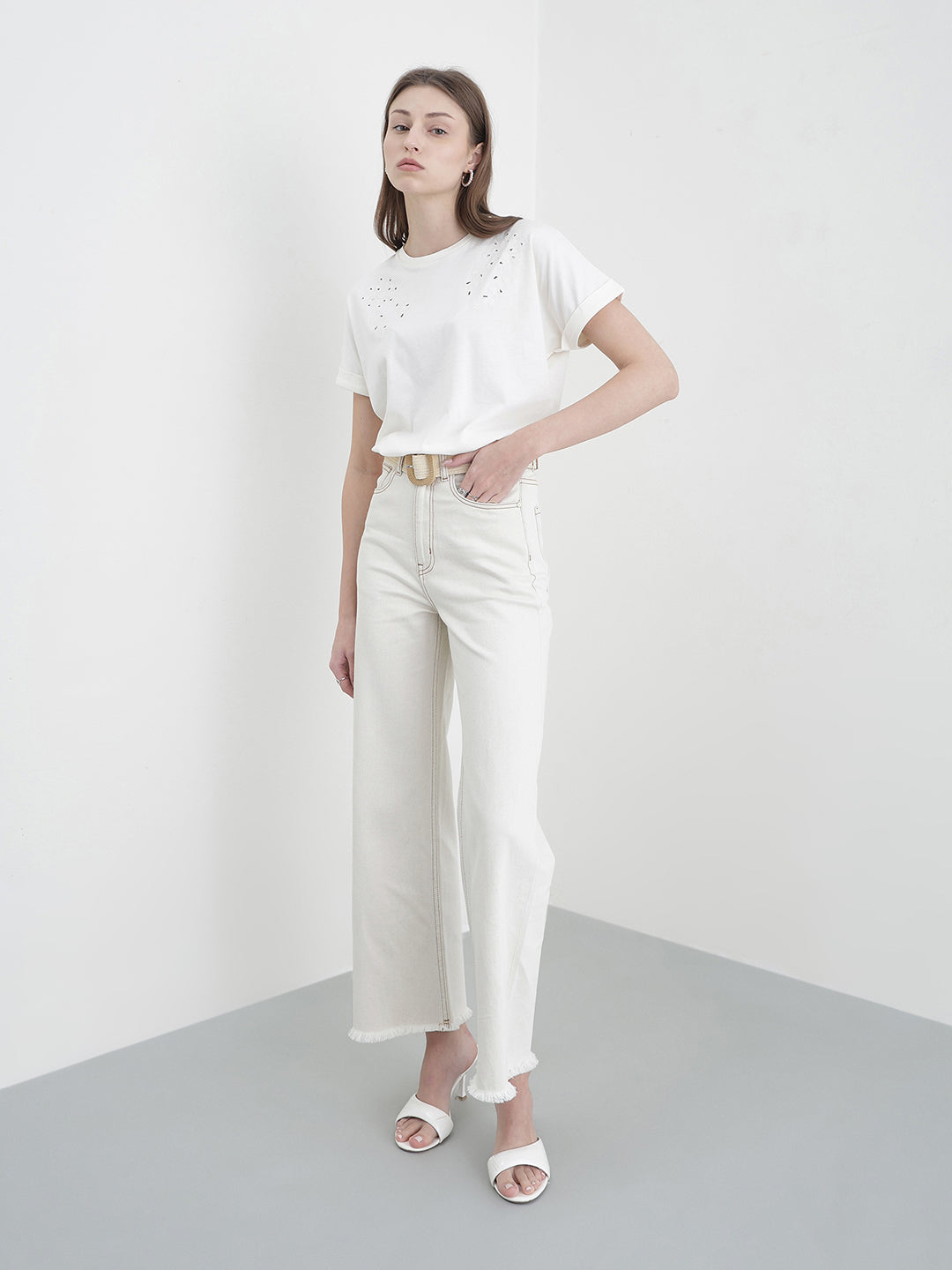 ELLE Women White Solid T-Shirt