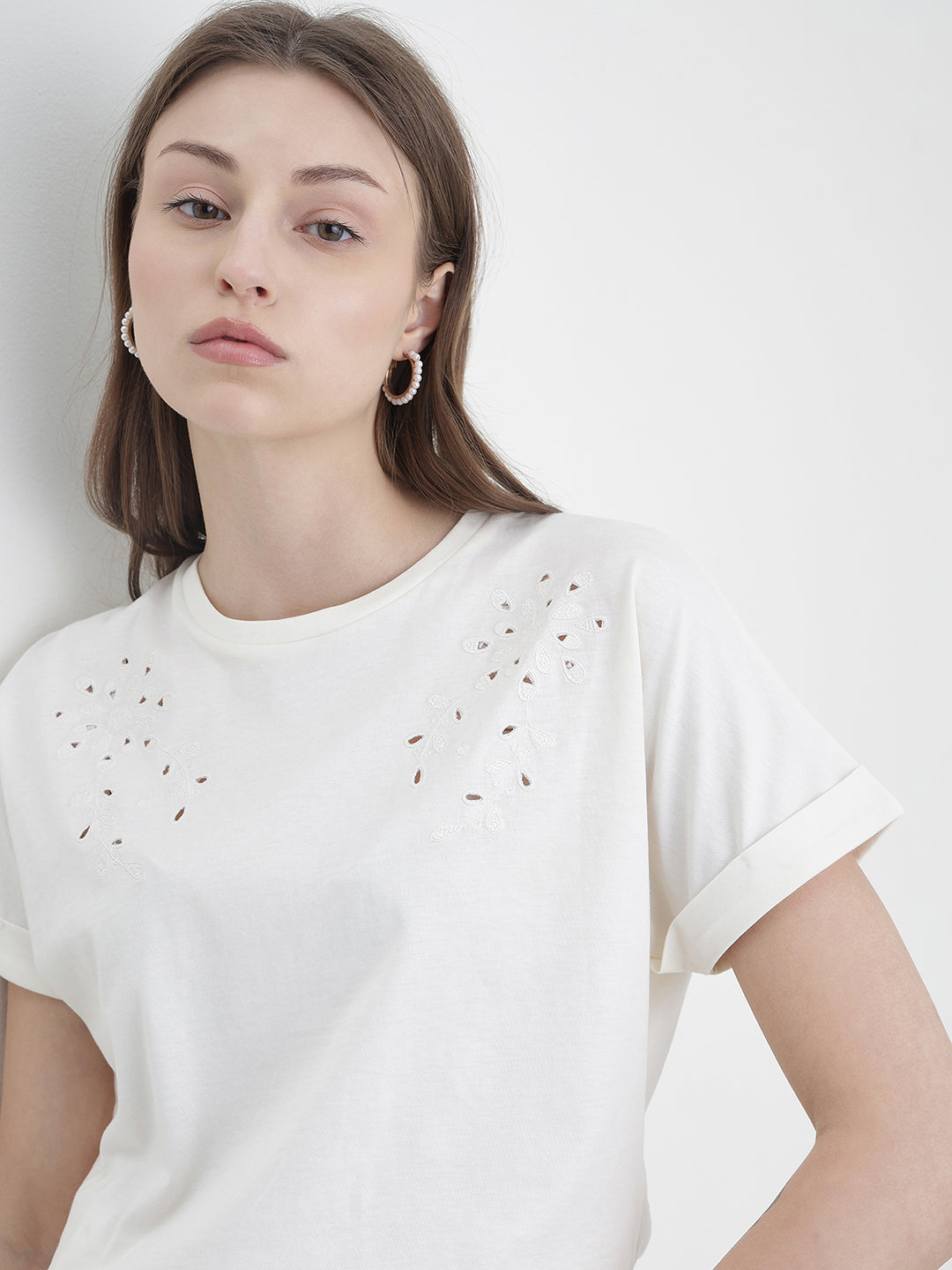 ELLE Women White Solid T-Shirt