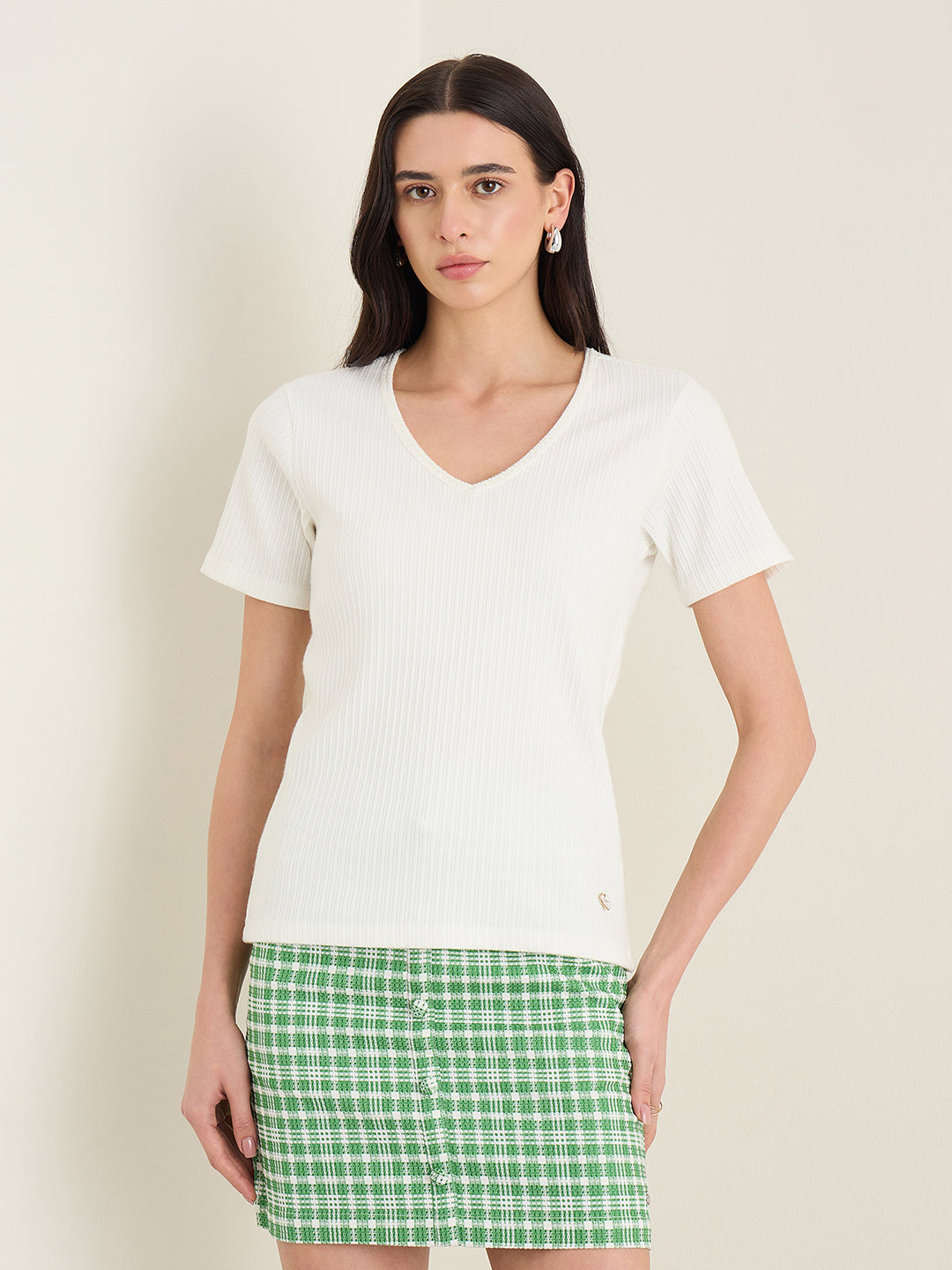 Elle Women White Striped Slim Fit T-Shirt