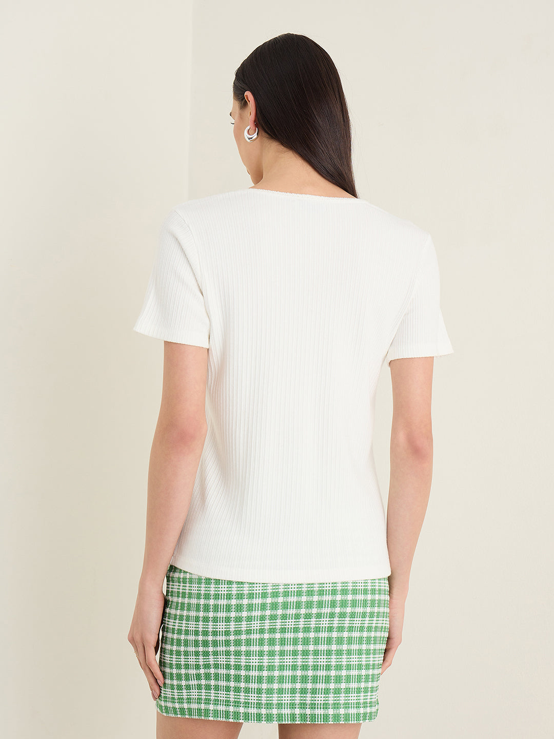Elle Women White Striped Slim Fit T-Shirt