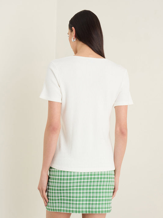 Elle Women White Striped Slim Fit T-Shirt