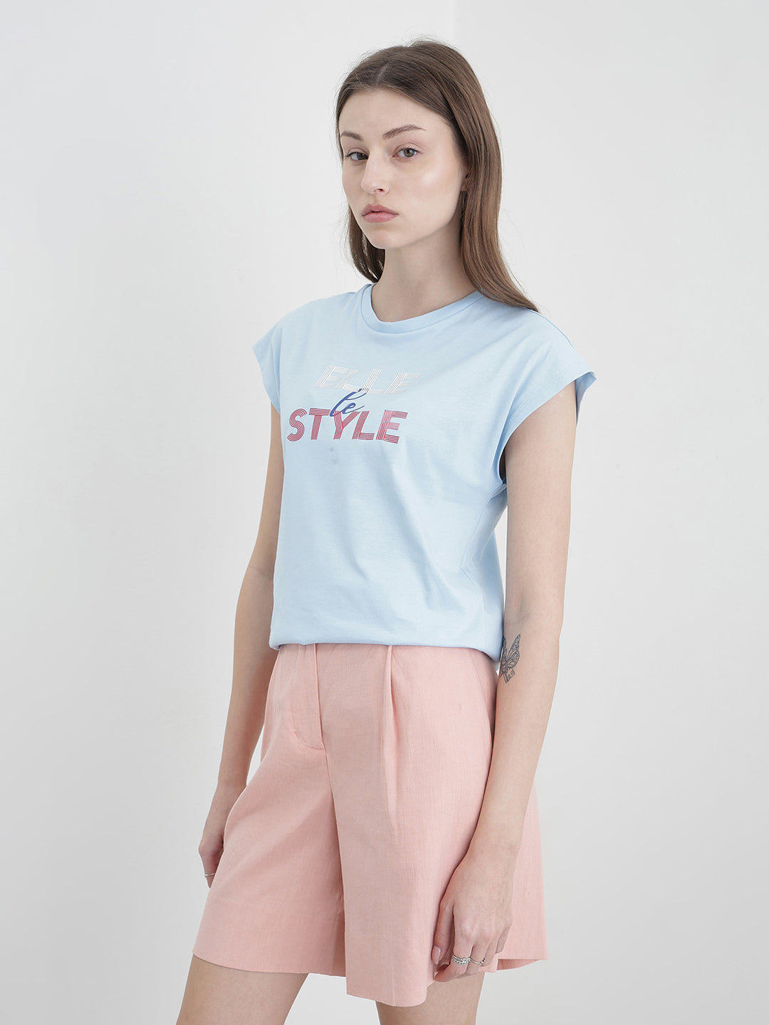 ELLE Women Blue Printed T-Shirt