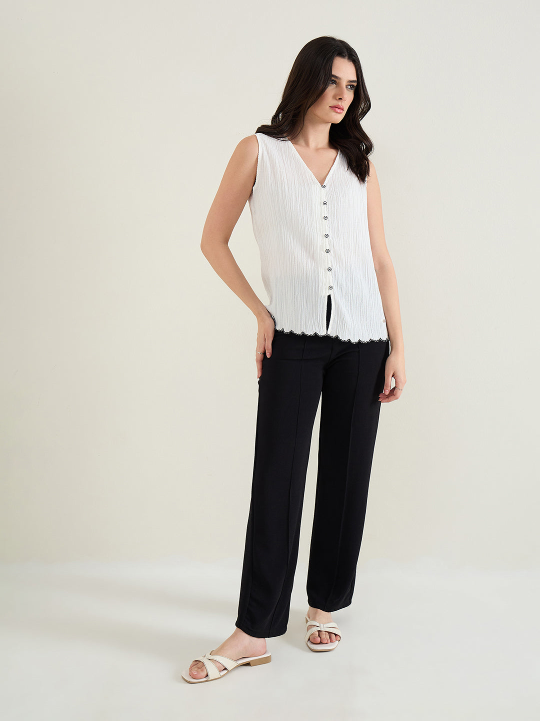 ELLE Women White Textured Relaxed Fit Top