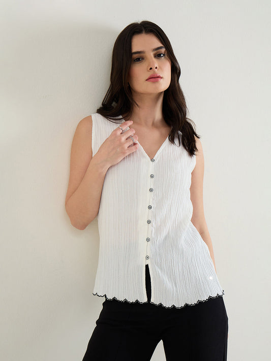 ELLE Women White Textured Relaxed Fit Top