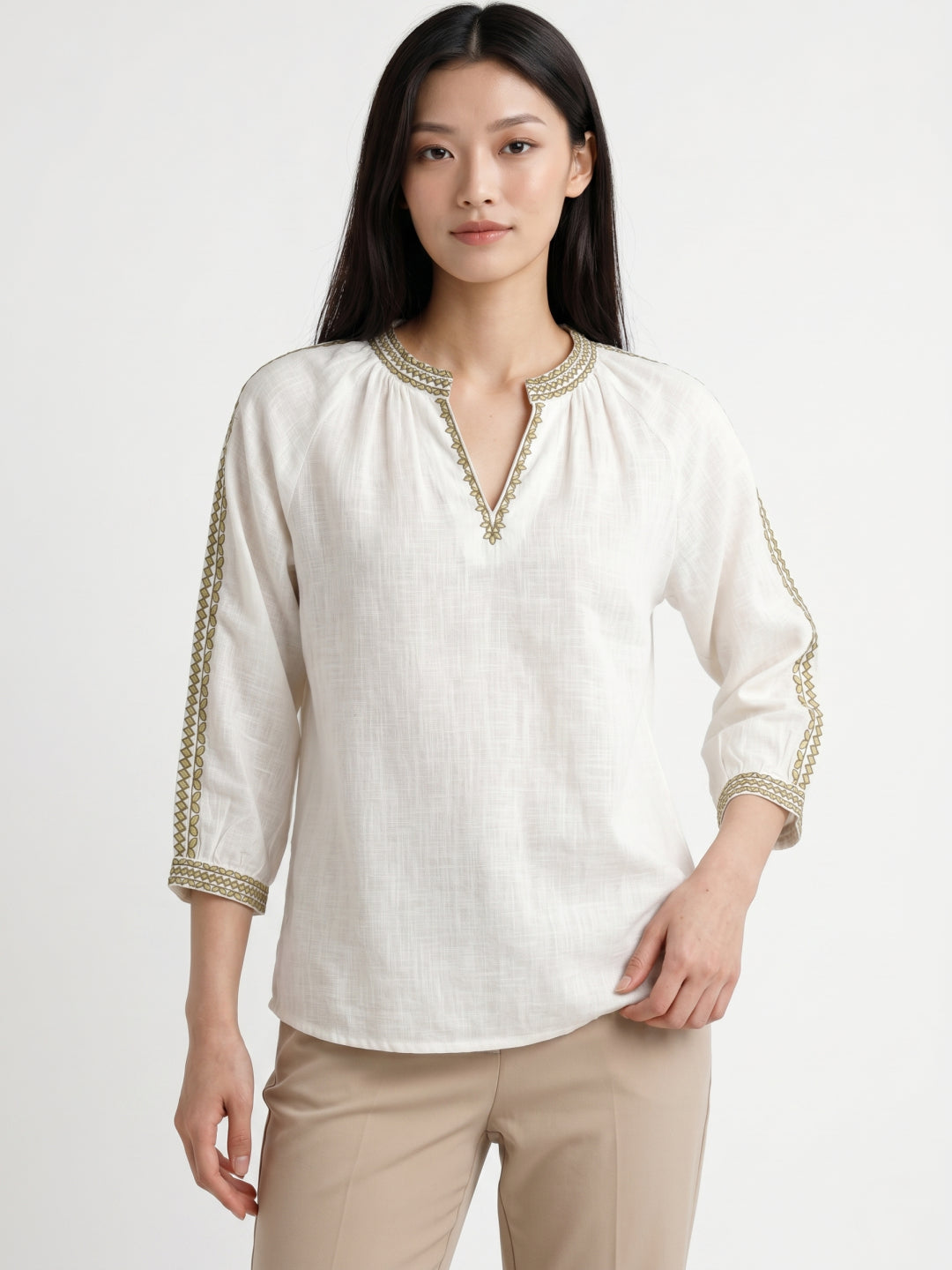 Elle Women Cream Solid Relaxed Fit Pure Cotton Top