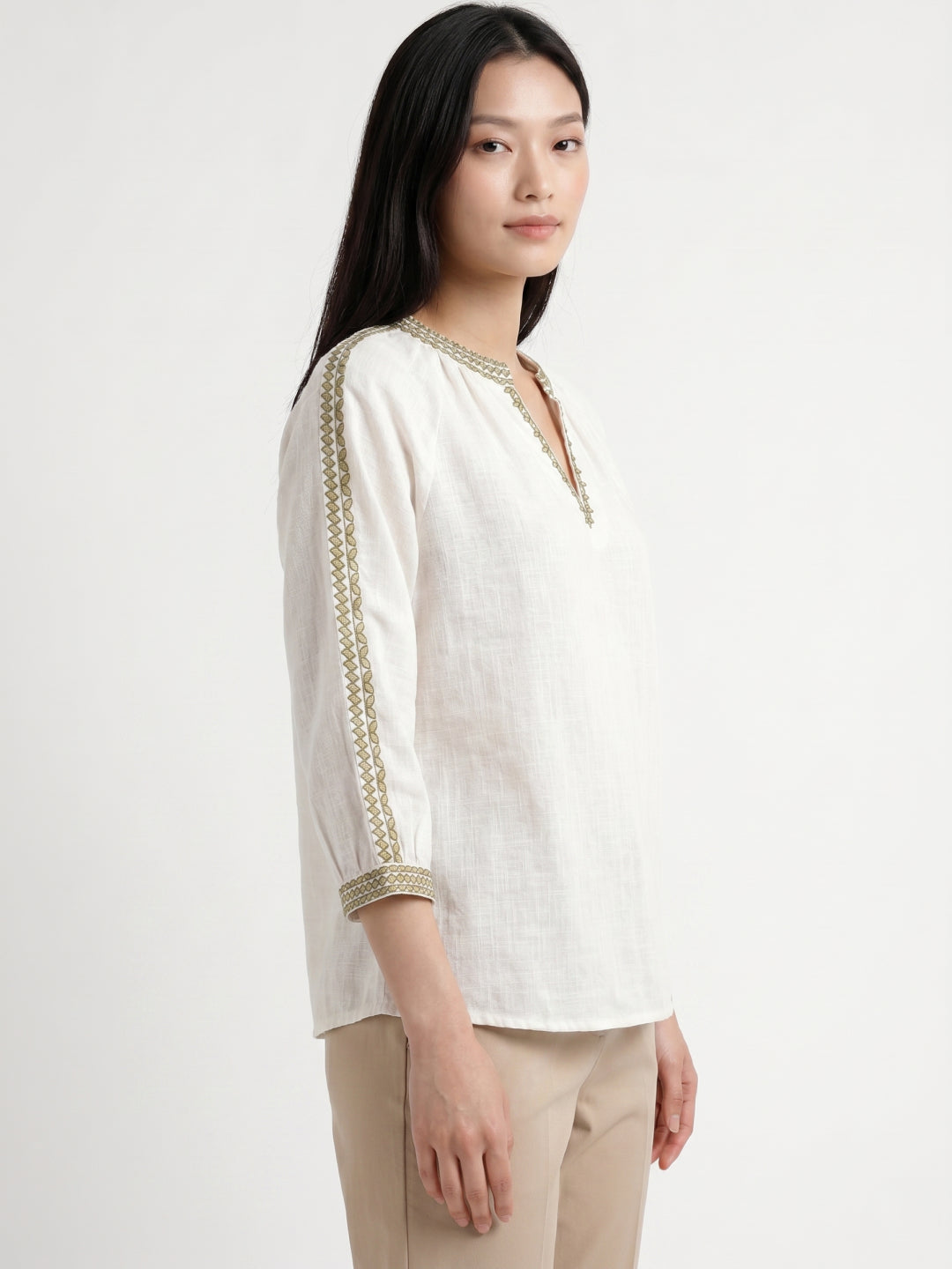 Elle Women Cream Solid Relaxed Fit Pure Cotton Top