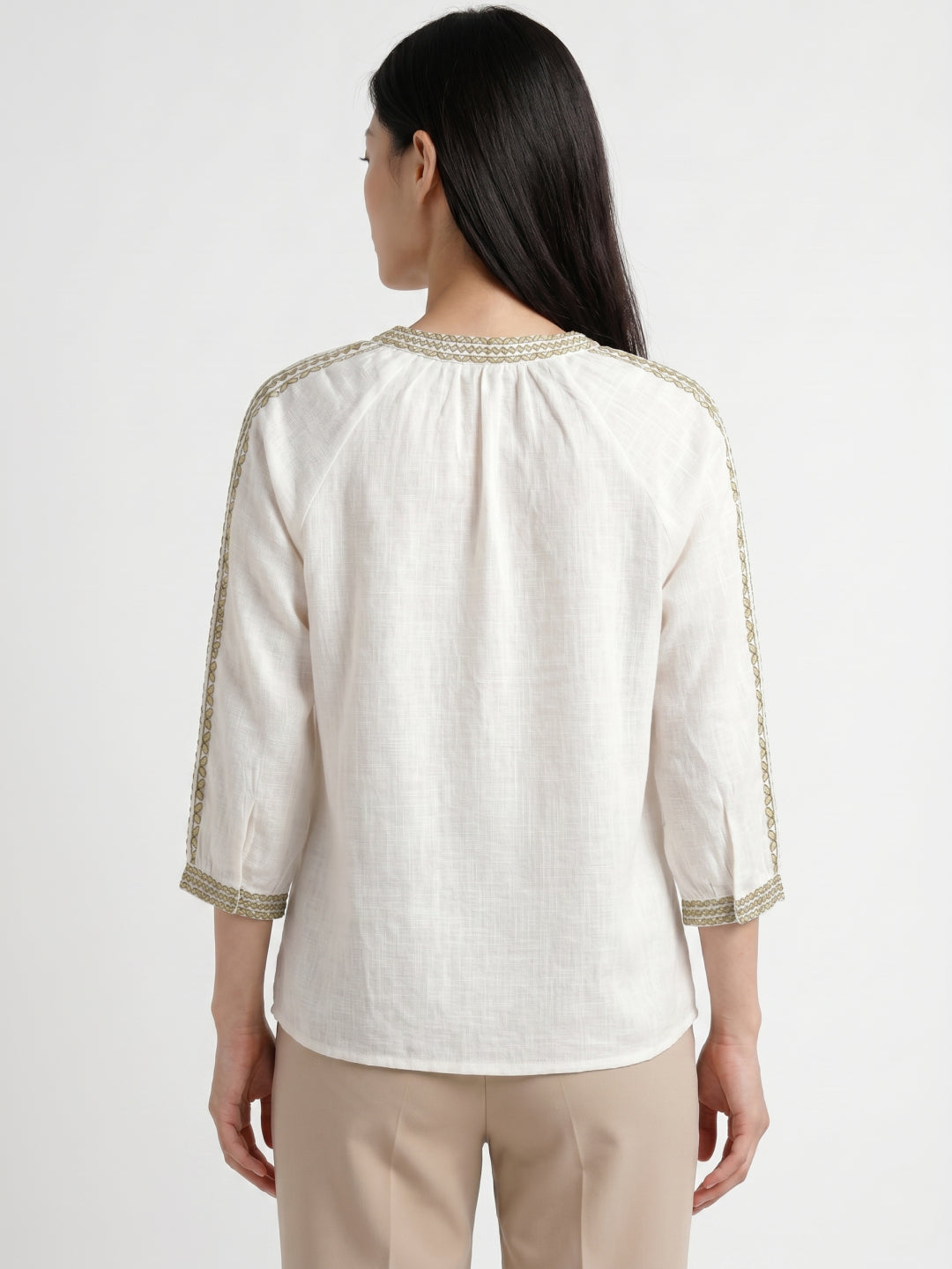 Elle Women Cream Solid Relaxed Fit Pure Cotton Top