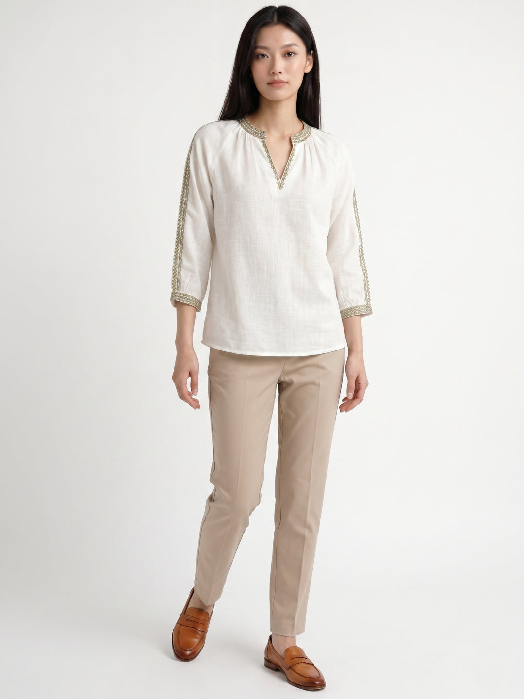 Elle Women Cream Solid Relaxed Fit Pure Cotton Top