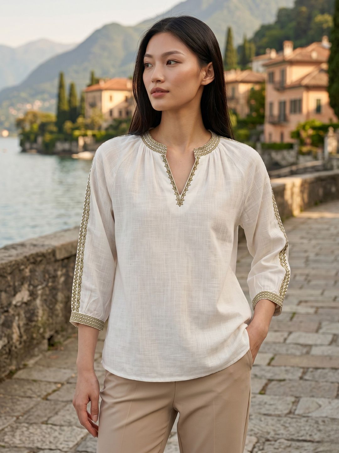 Elle Women Cream Solid Relaxed Fit Pure Cotton Top