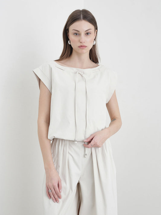 Elle Women Cream Solid Relaxed Fit Top