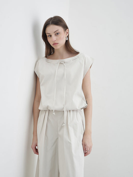 Elle Women Cream Solid Relaxed Fit Top