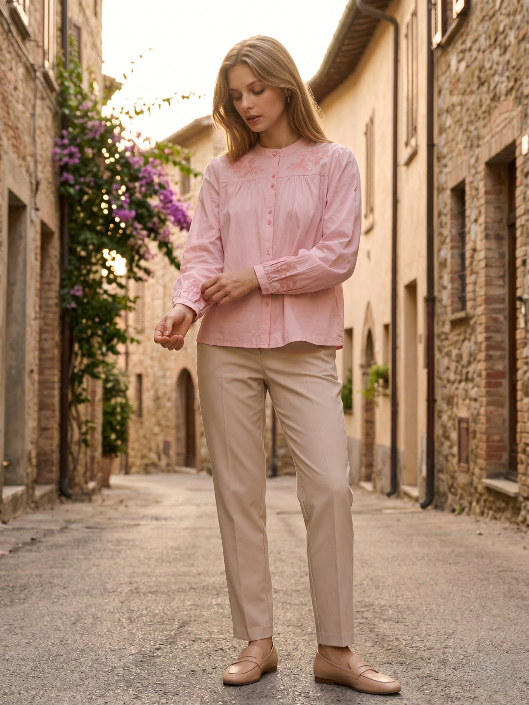 Elle Women Pink Embroidered Regular Fit Pure Cotton Top