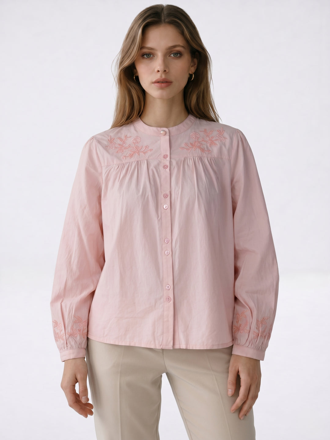 Elle Women Pink Embroidered Regular Fit Pure Cotton Top