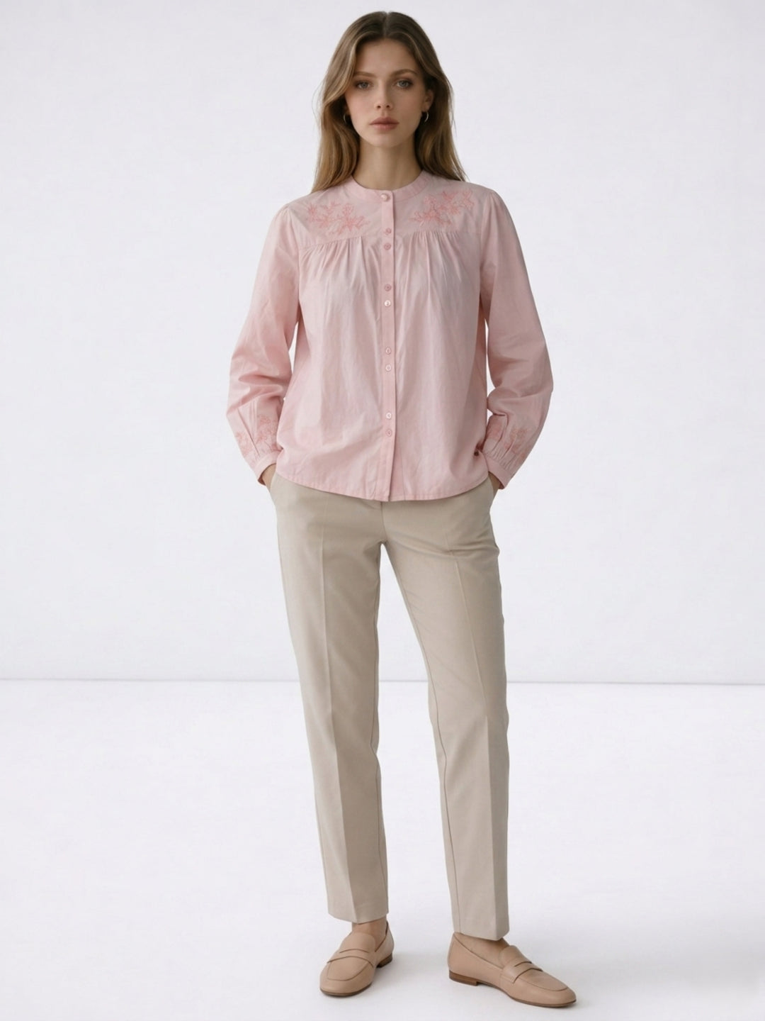 Elle Women Pink Embroidered Regular Fit Pure Cotton Top