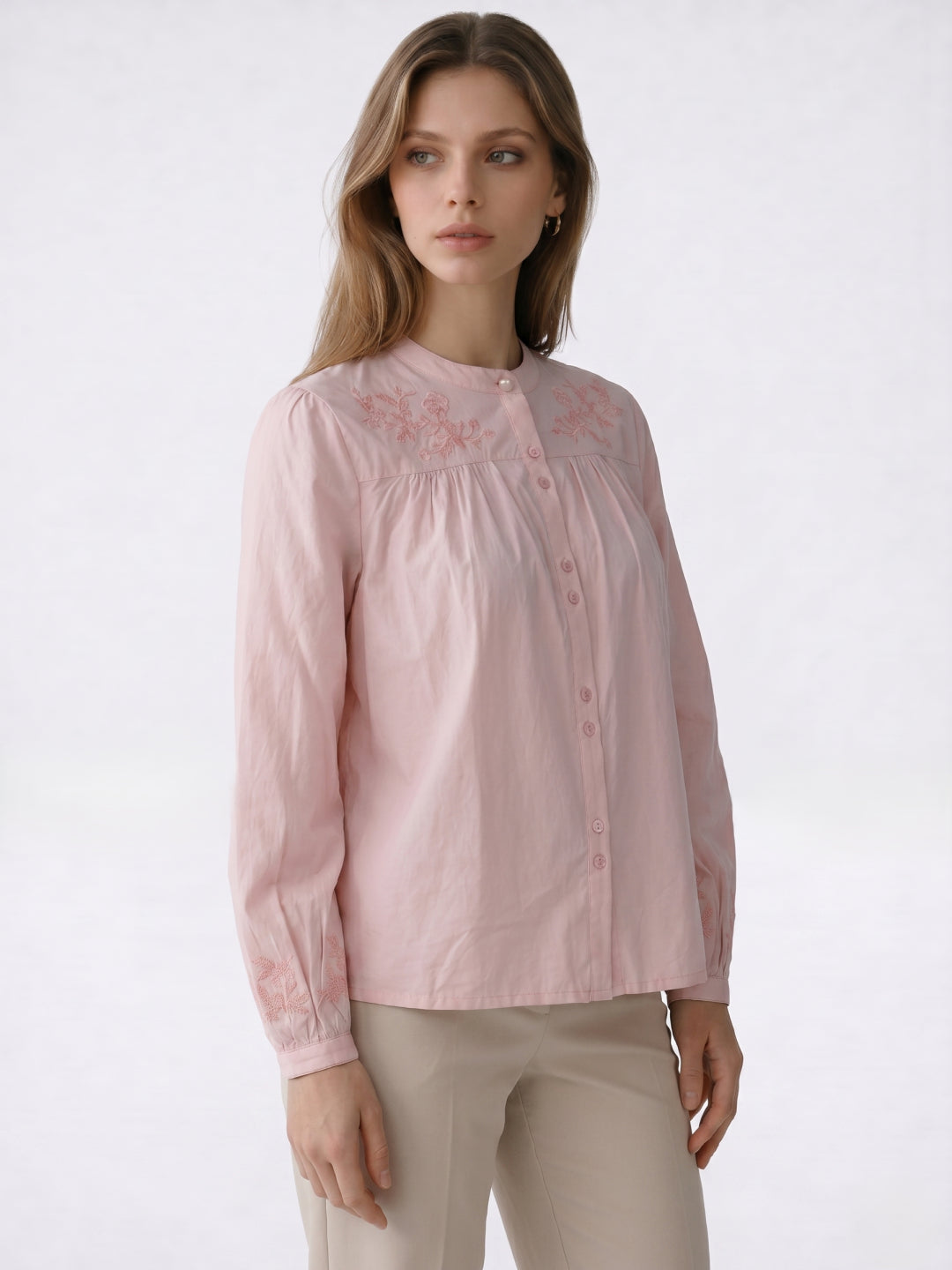Elle Women Pink Embroidered Regular Fit Pure Cotton Top