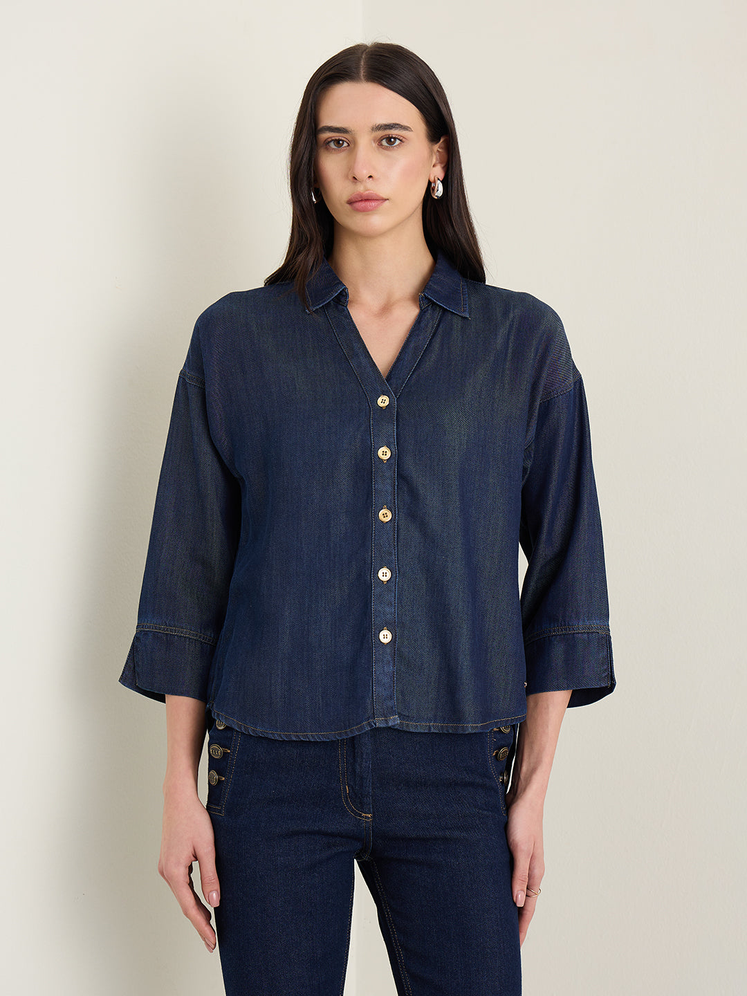 Elle Women Navy Blue Shirt Collar Top