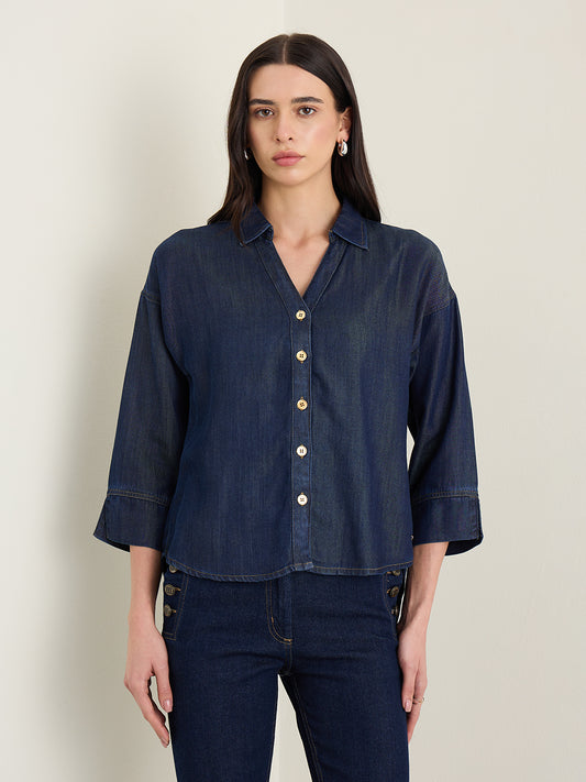 Elle Women Navy Blue Shirt Collar Top