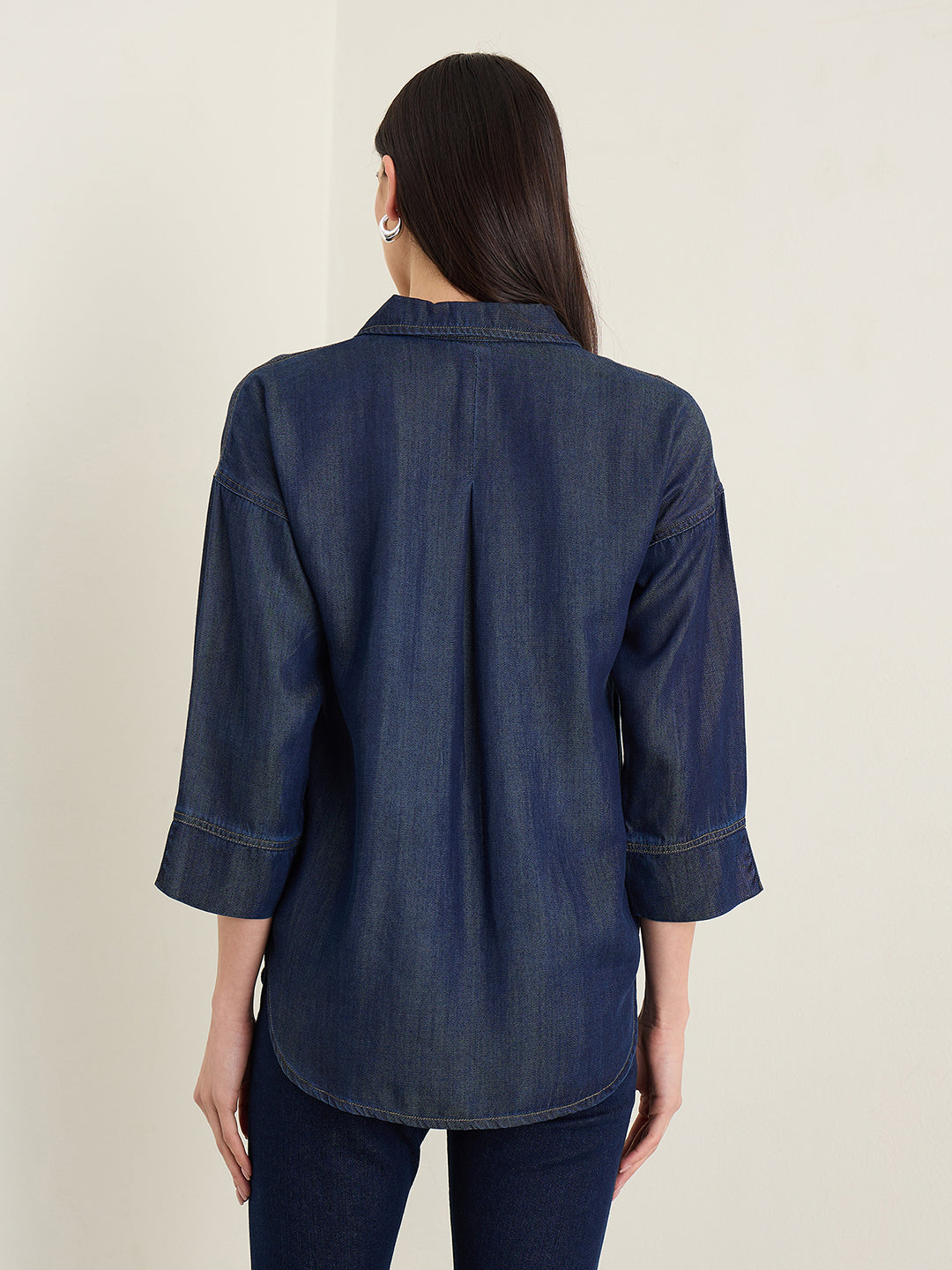 Elle Women Navy Blue Shirt Collar Top