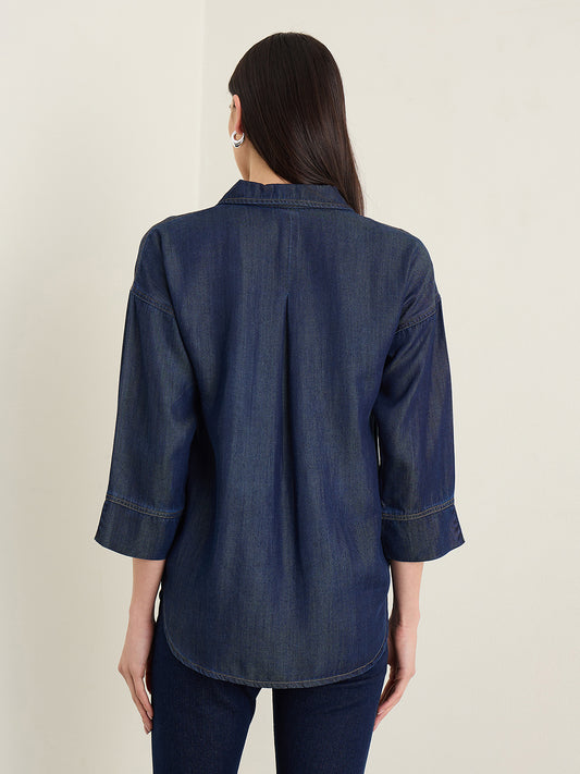 Elle Women Navy Blue Shirt Collar Top