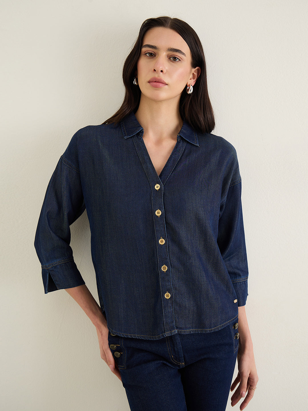 Elle Women Navy Blue Shirt Collar Top