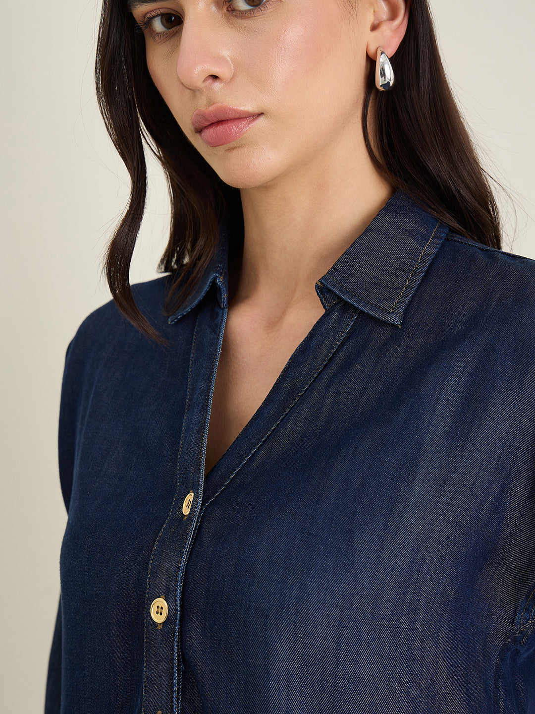 Elle Women Navy Blue Shirt Collar Top