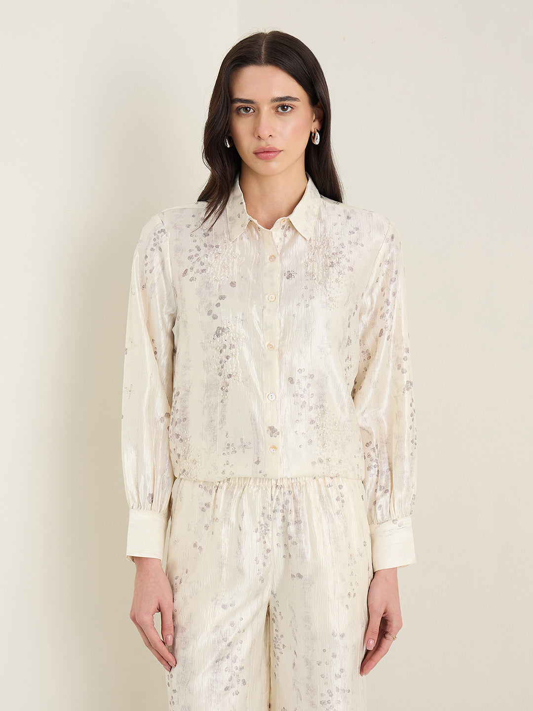 Elle Women Cream Embellished Shirt Collar Top