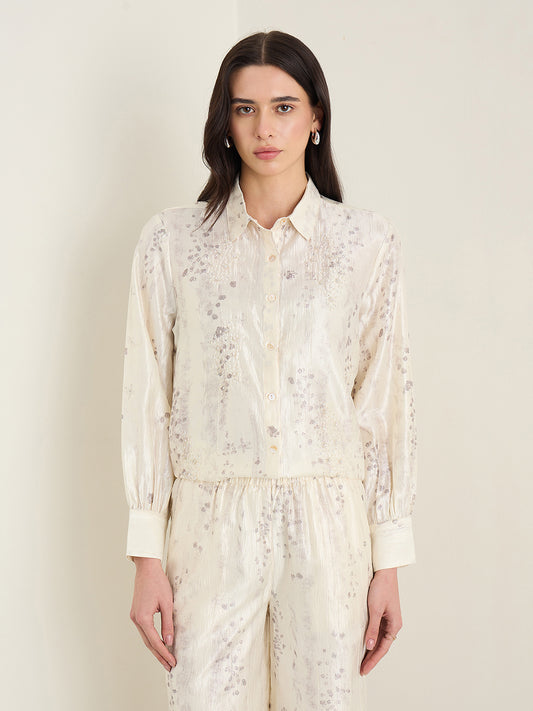 Elle Women Cream Embellished Shirt Collar Top