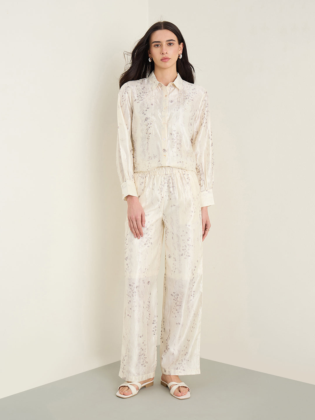 Elle Women Cream Embellished Shirt Collar Top