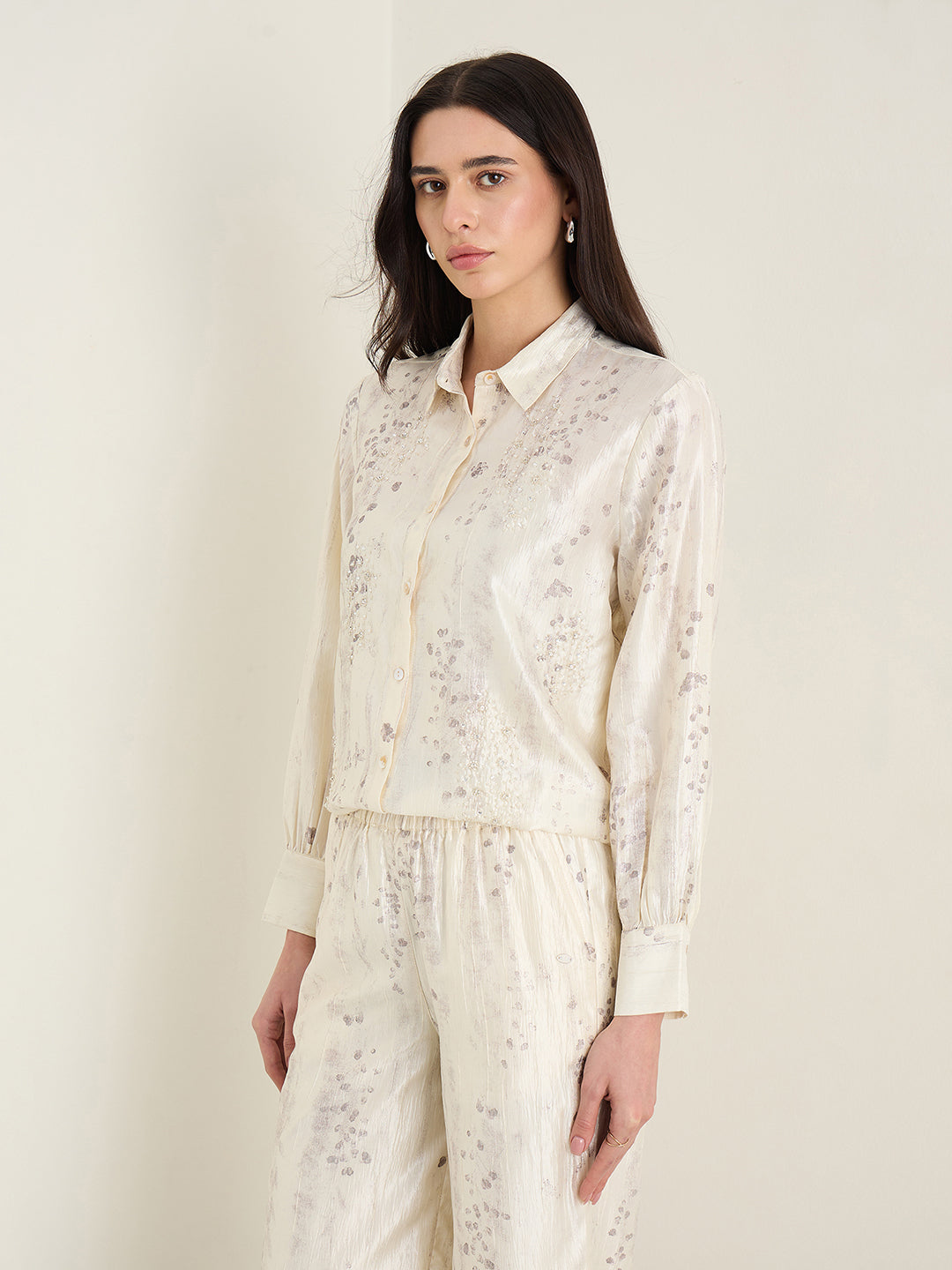 Elle Women Cream Embellished Shirt Collar Top