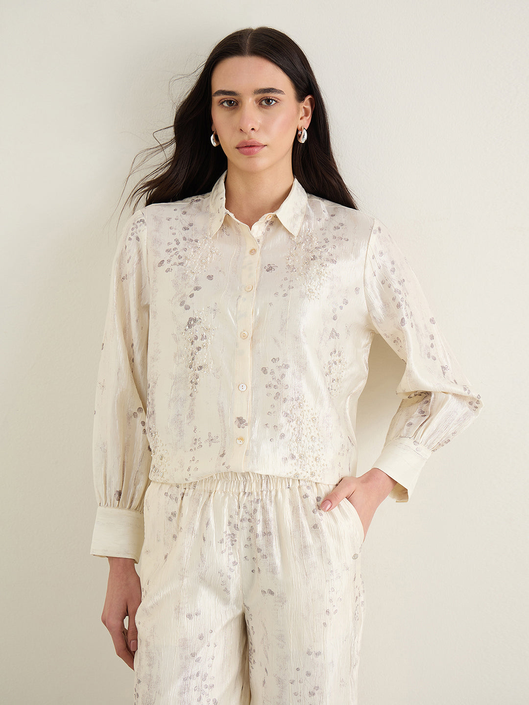 Elle Women Cream Embellished Shirt Collar Top