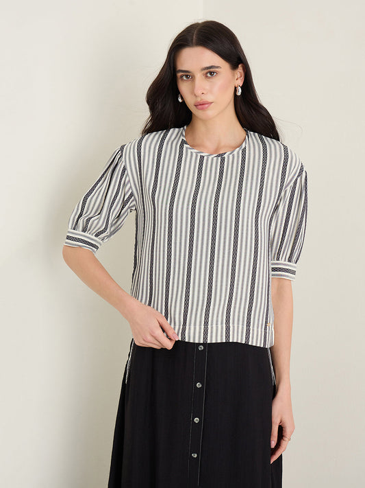 Elle Women White Striped Relaxed Fit Top