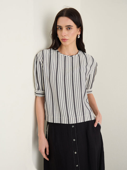 Elle Women White Striped Relaxed Fit Top