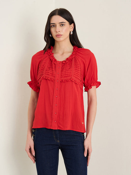 Elle Women Red Solid Relaxed Fit Top