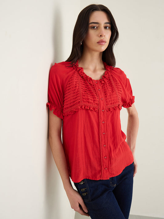 Elle Women Red Solid Relaxed Fit Top