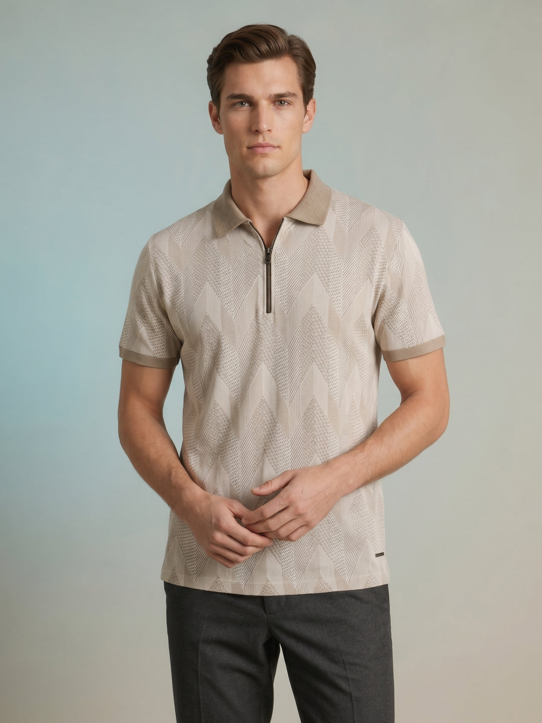 Iconic Men Beige Jacquard Regular Fit Jacquard Polo T-Shirt