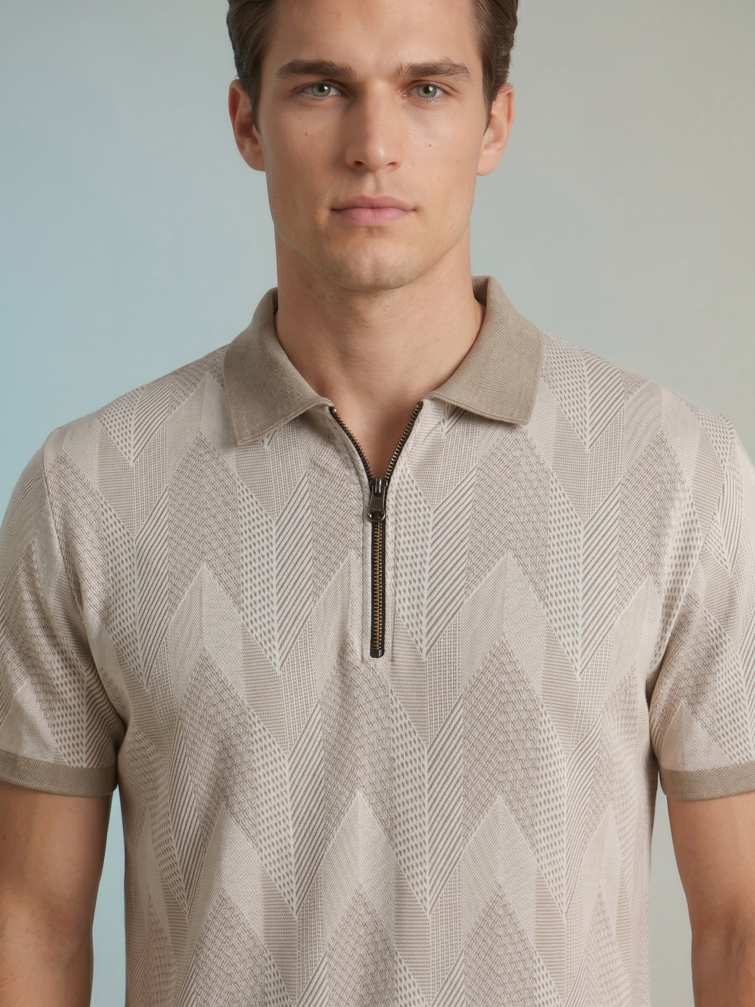 Iconic Men Beige Jacquard Regular Fit Jacquard Polo T-Shirt