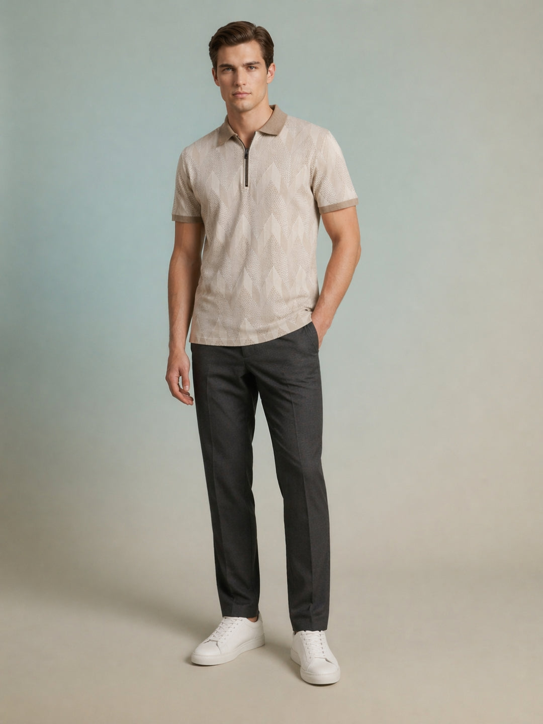Iconic Beige Jacquard Men Polo Tshirt