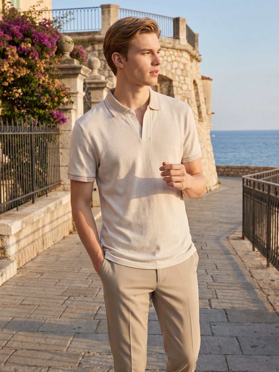 Iconic Men Beige Solid Regular Fit Polo T-Shirt
