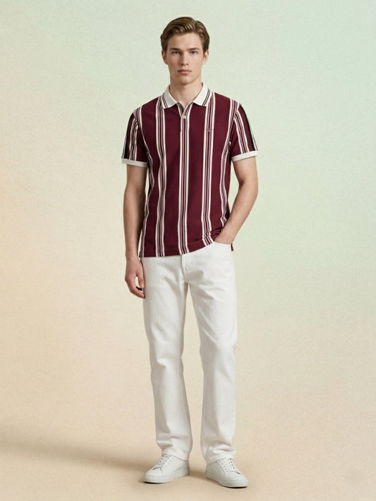 Iconic Men Maroon Striped Polo T-Shirt